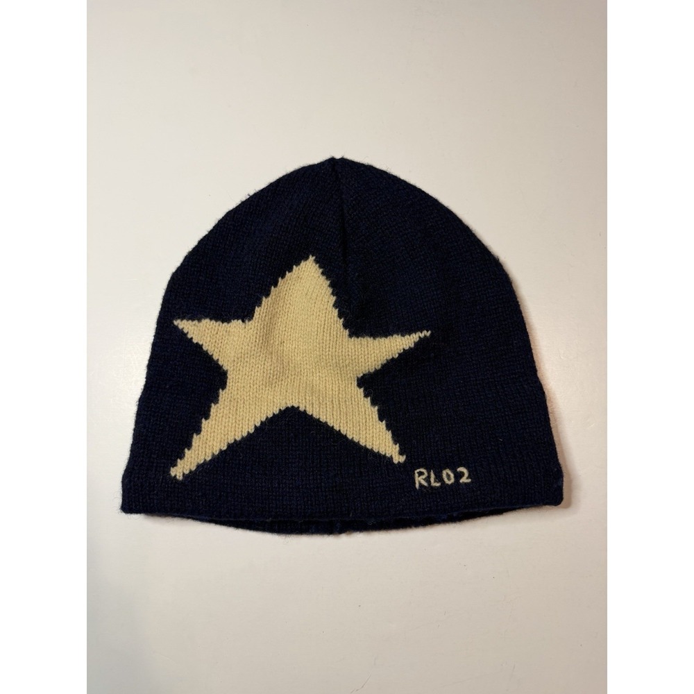 Vintage Polo Ralph Lauren RL02 Star Blue White 100% Wool Knit Beanie Cap RARE